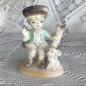 Vintage Boy with Dog Figurine - Handcrafted Ceramic - Japan